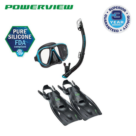 Tusa Powerview Dry Adult Travel Mask, Snorkel and Fin Set-Black/Ocean Green