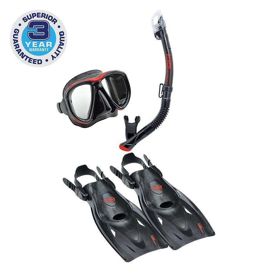 Tusa Powerview Dry Adult Travel Mask, Snorkel and Fin Set-Black/Red