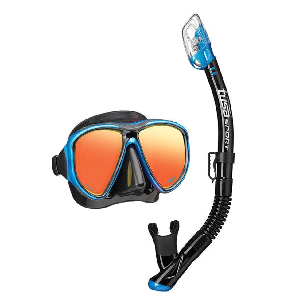 Tusa Powerview Mirrored Dive Mask and Snorkel Combo (UM-24/USP-250)-Fishtail Blue/Black Silicone